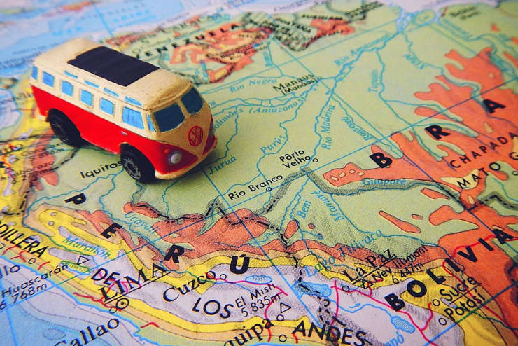 Image of a toy VW van sitting on a map of South America (Creative Commons License)