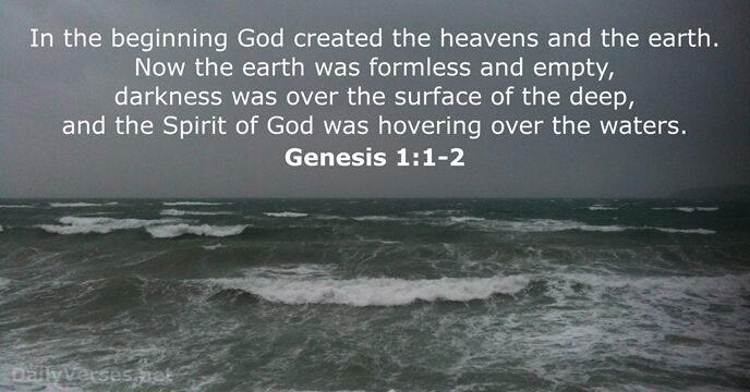 Image of ocean waves with quote from Genesis 1:1-2